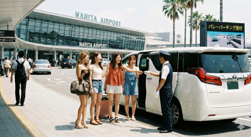成田空港のターミナルビル前で、夏服を着た4人の若い女性グループが、白いトヨタ・アルファードの鍵を制服を着たバレーパーキングの係員に手渡している様子。背景には「NARITA AIRPORT」の文字と「バレーパーキング受付」のデジタル看板が見える晴れた日の光景。