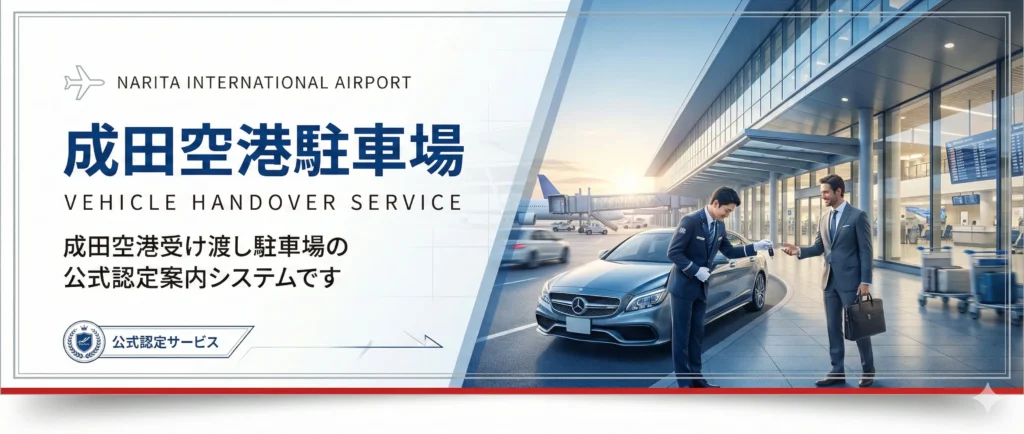 成田空港の受け渡し駐車場サービスのメインビジュアル（ターミナル前で車両引き渡しのイメージ）