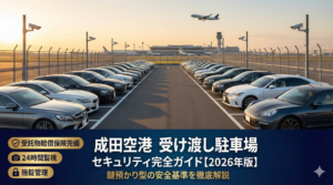 成田空港近くの受け渡し駐車場セキュリティ管理地 防犯カメラとフェンスで守られた車両保管場