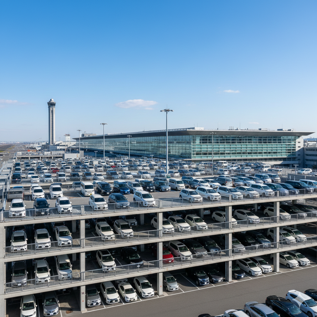 成田空港の立体駐車場とターミナルビル、管制塔が見える風景。2026年最新の成田空港駐車場比較記事のアイキャッチ画像。