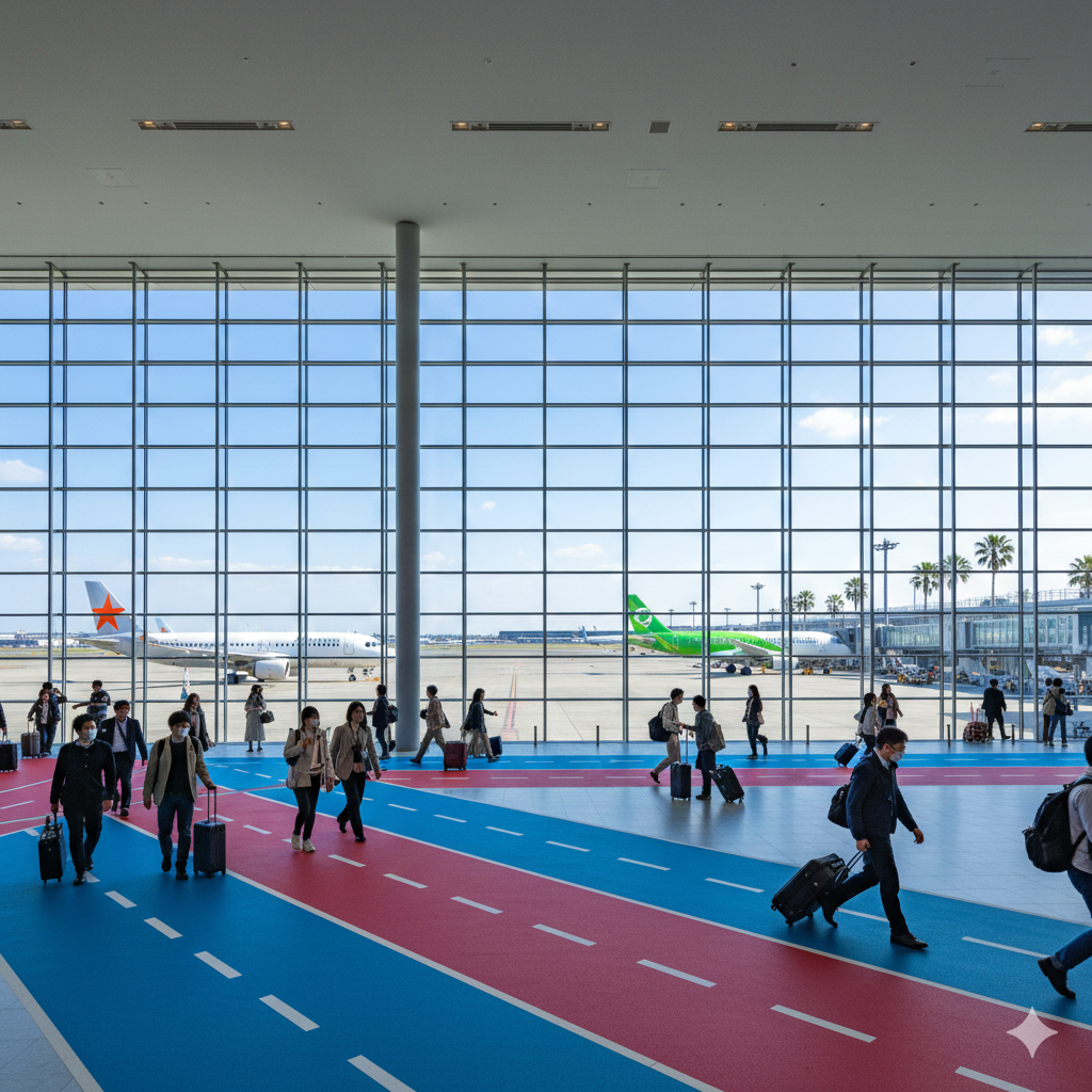 成田空港第3ターミナルのロビーから見えるジェットスターと春秋航空の機体。LCC利用者に便利な駐車場の選び方を解説する2026年最新記事のイメージ画像。